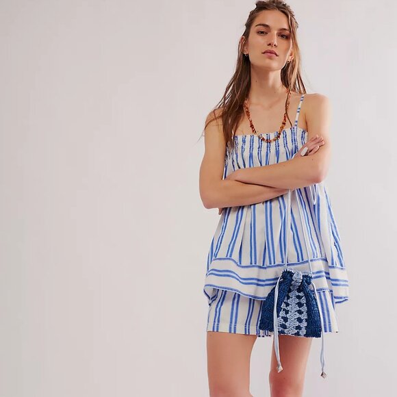 013 Free People Pajama Party Tunic Top Nwot Blue Ivory Combo Size XS - Picture 3 of 13